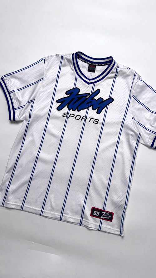 2000s FUBU White/Blue Stripped Jersey (L)