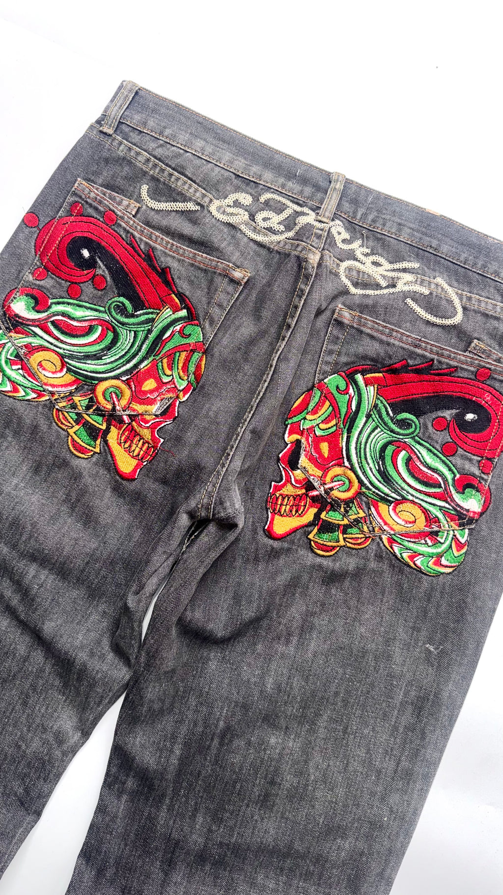 Vintage Ed Hardy Skulls Embroidered Baggy Jeans Lot 2008