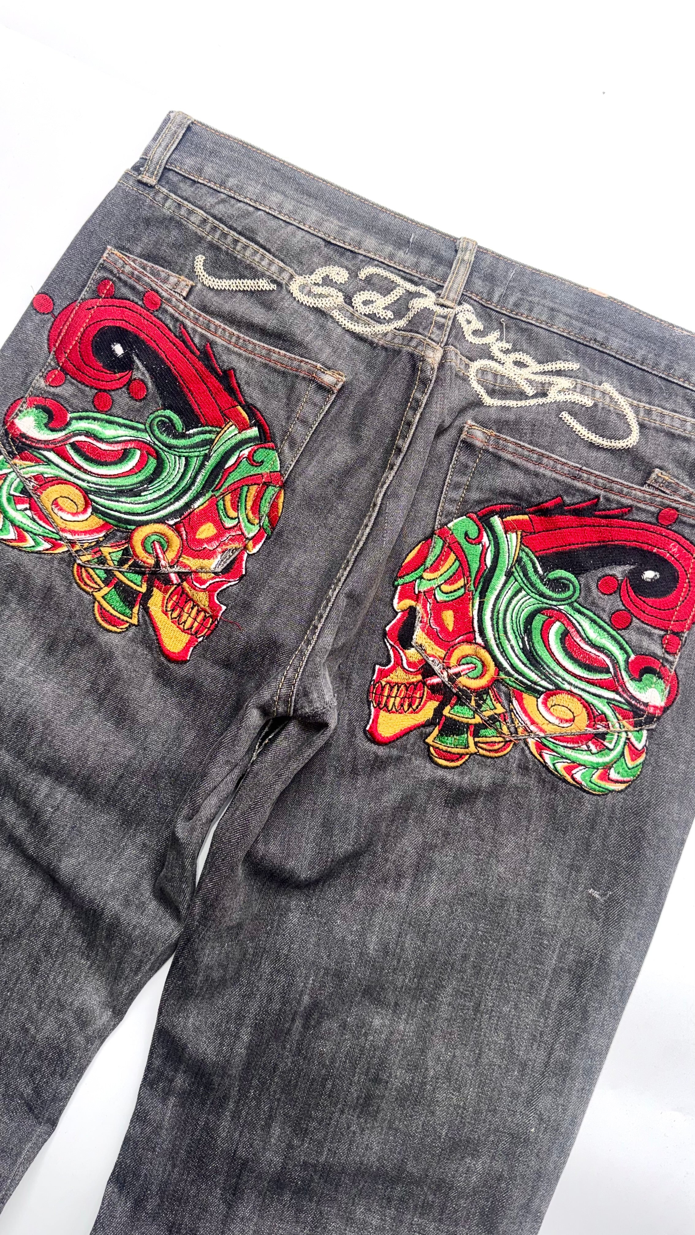 Vintage Ed Hardy Skulls Embroidered Baggy Jeans Lot 2008