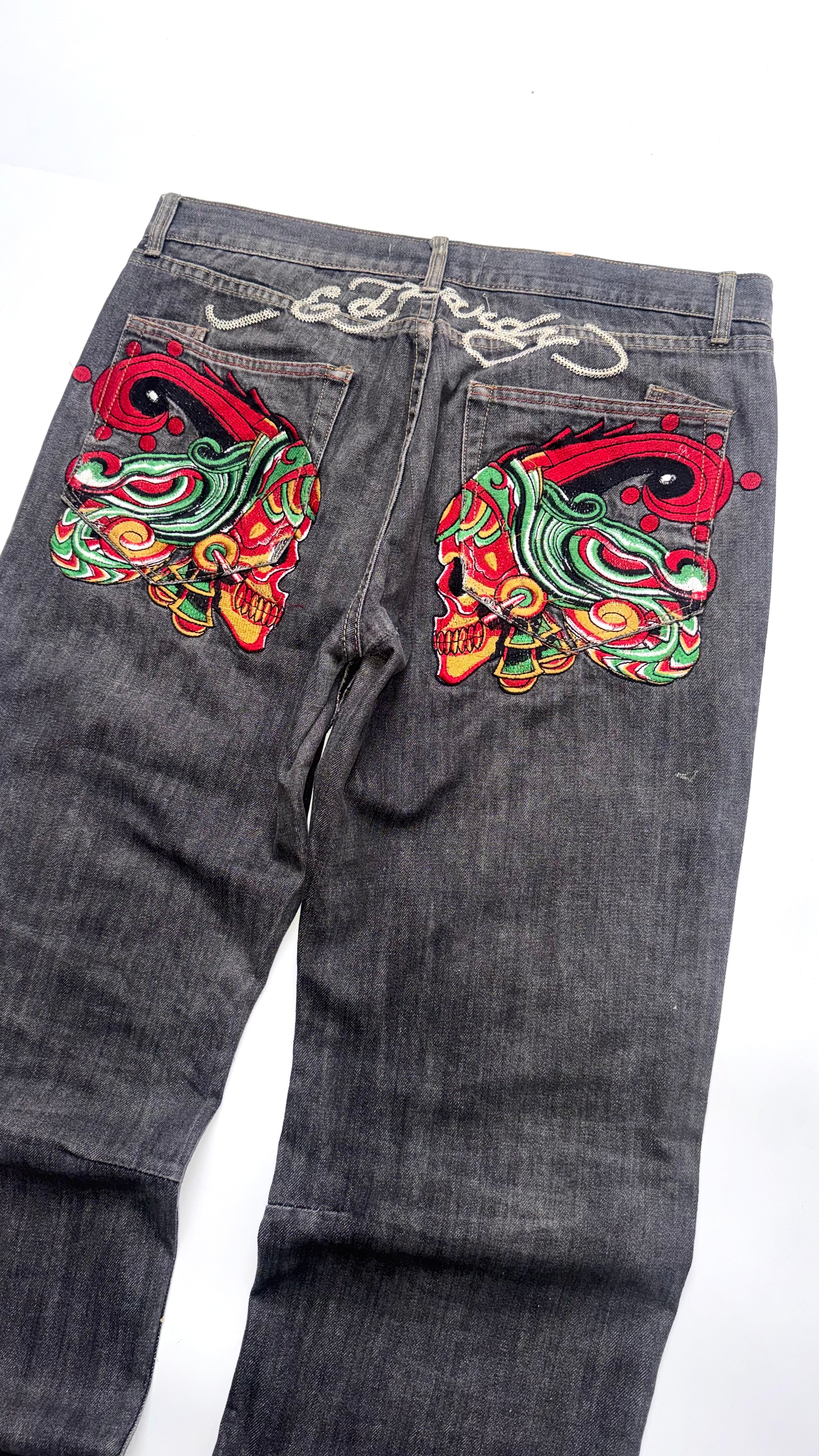 Vintage Ed Hardy Skulls Embroidered Baggy Jeans Lot 2008