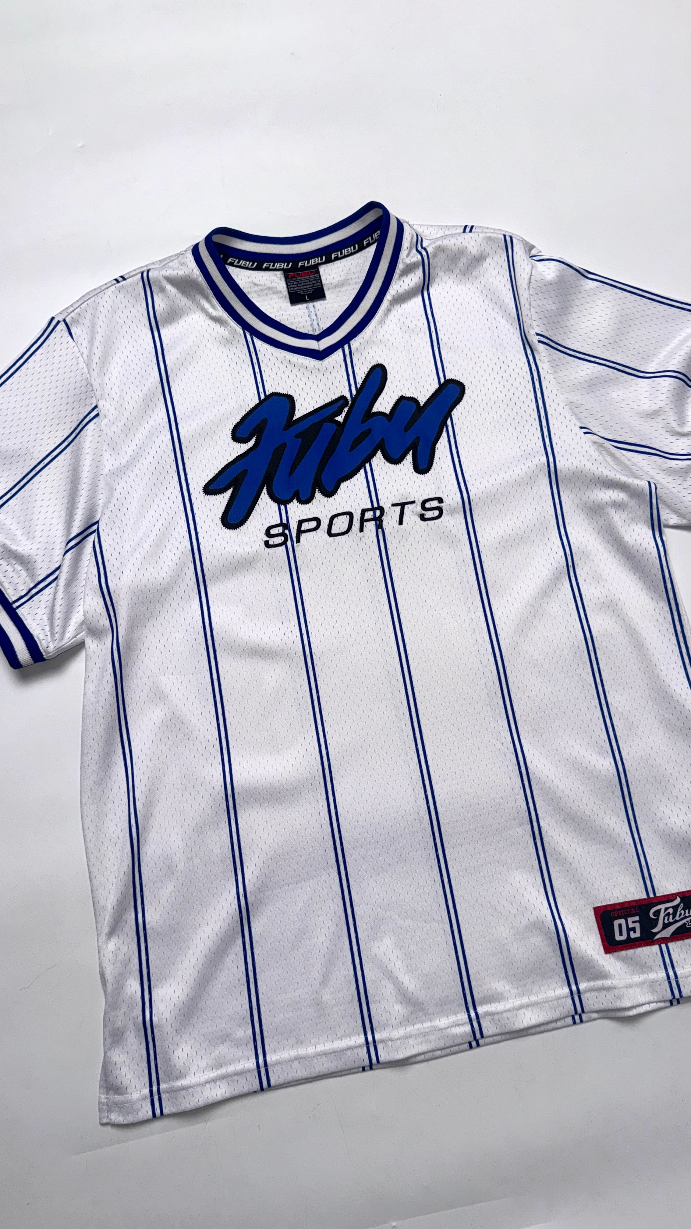 2000s FUBU White/Blue Stripped Jersey (L)