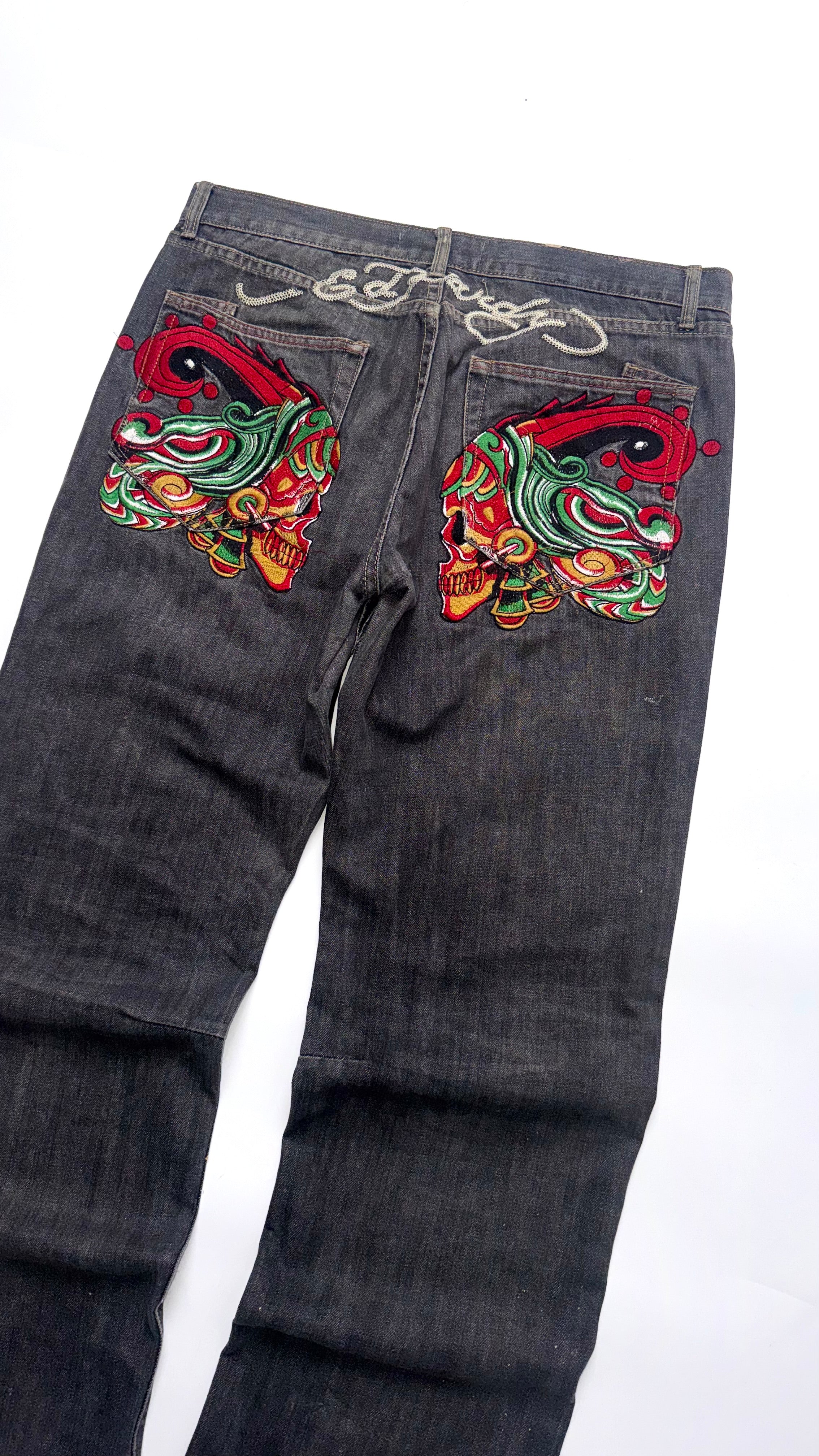 Vintage Ed Hardy Skulls Embroidered Baggy Jeans Lot 2008