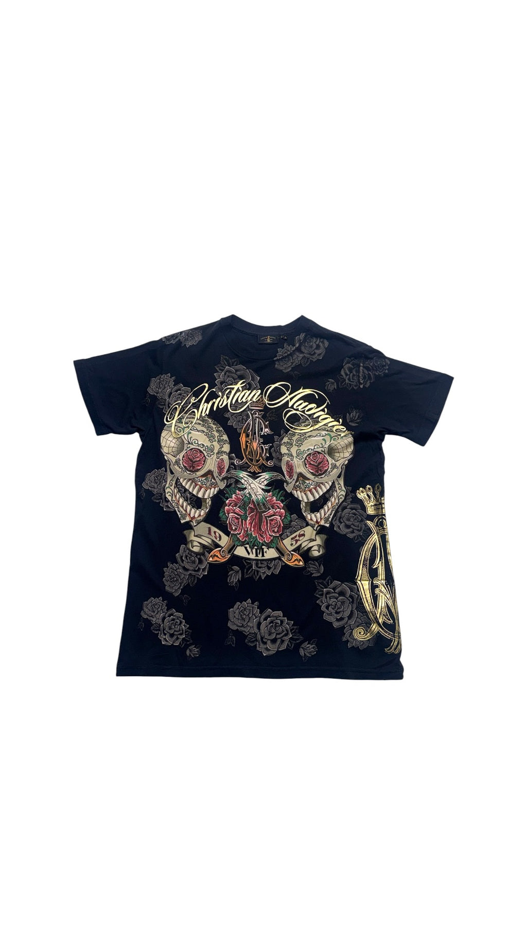 Y2K Christian Audigier Black All Over Print T shirt