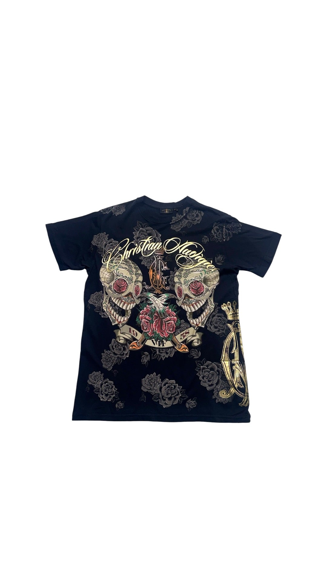 Y2K Christian Audigier Black All Over Print T shirt