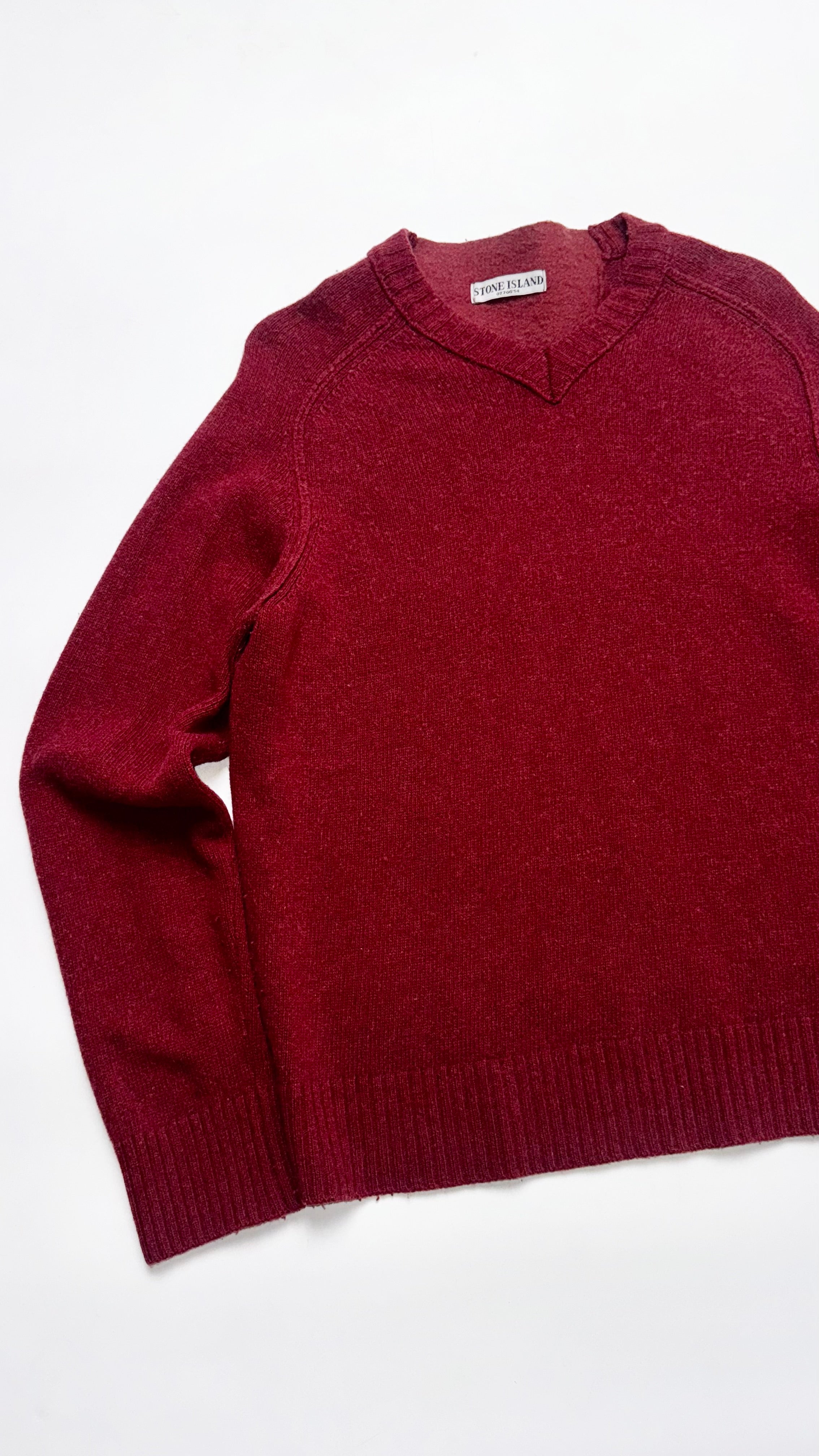 SS06 Vintage Stone Island V-Neck Burgundy Red Knitted Sweater