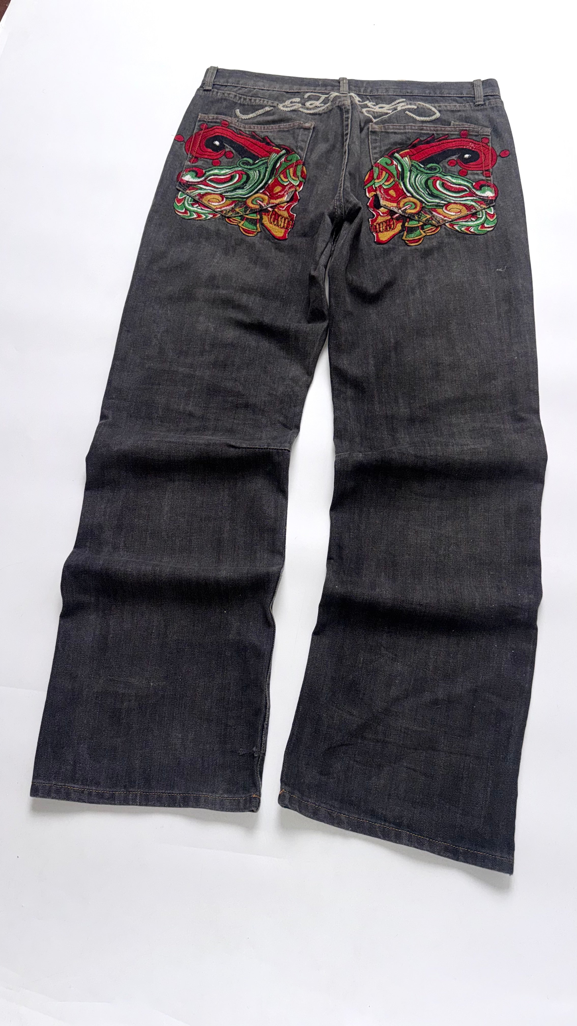 Vintage Ed Hardy Skulls Embroidered Baggy Jeans Lot 2008