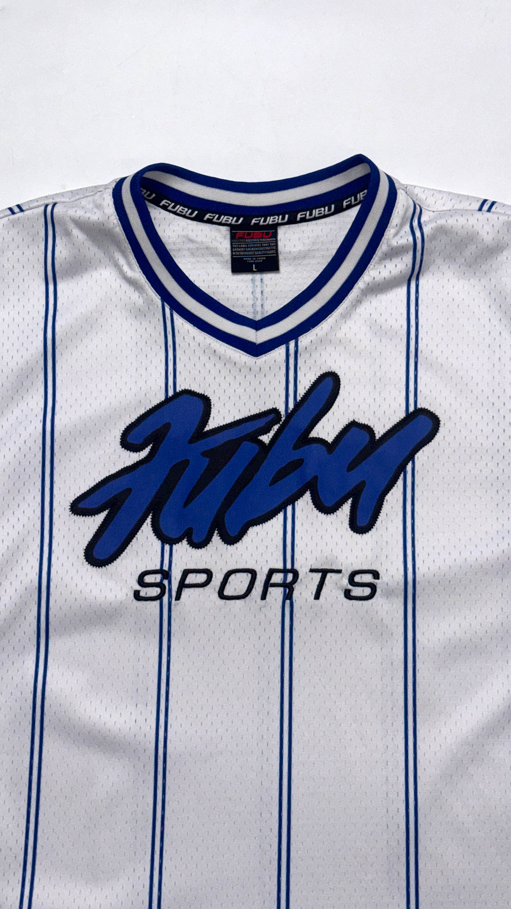 2000s FUBU White/Blue Stripped Jersey (L)