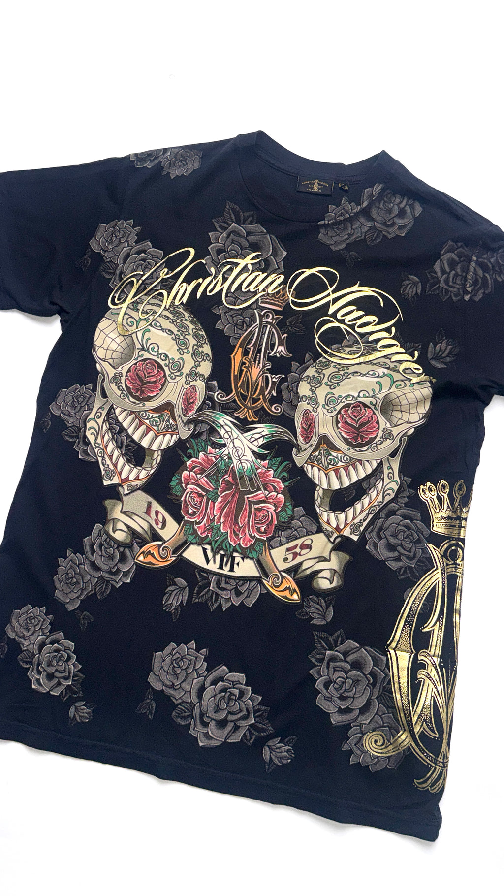 Y2K Christian Audigier Black All Over Print T shirt
