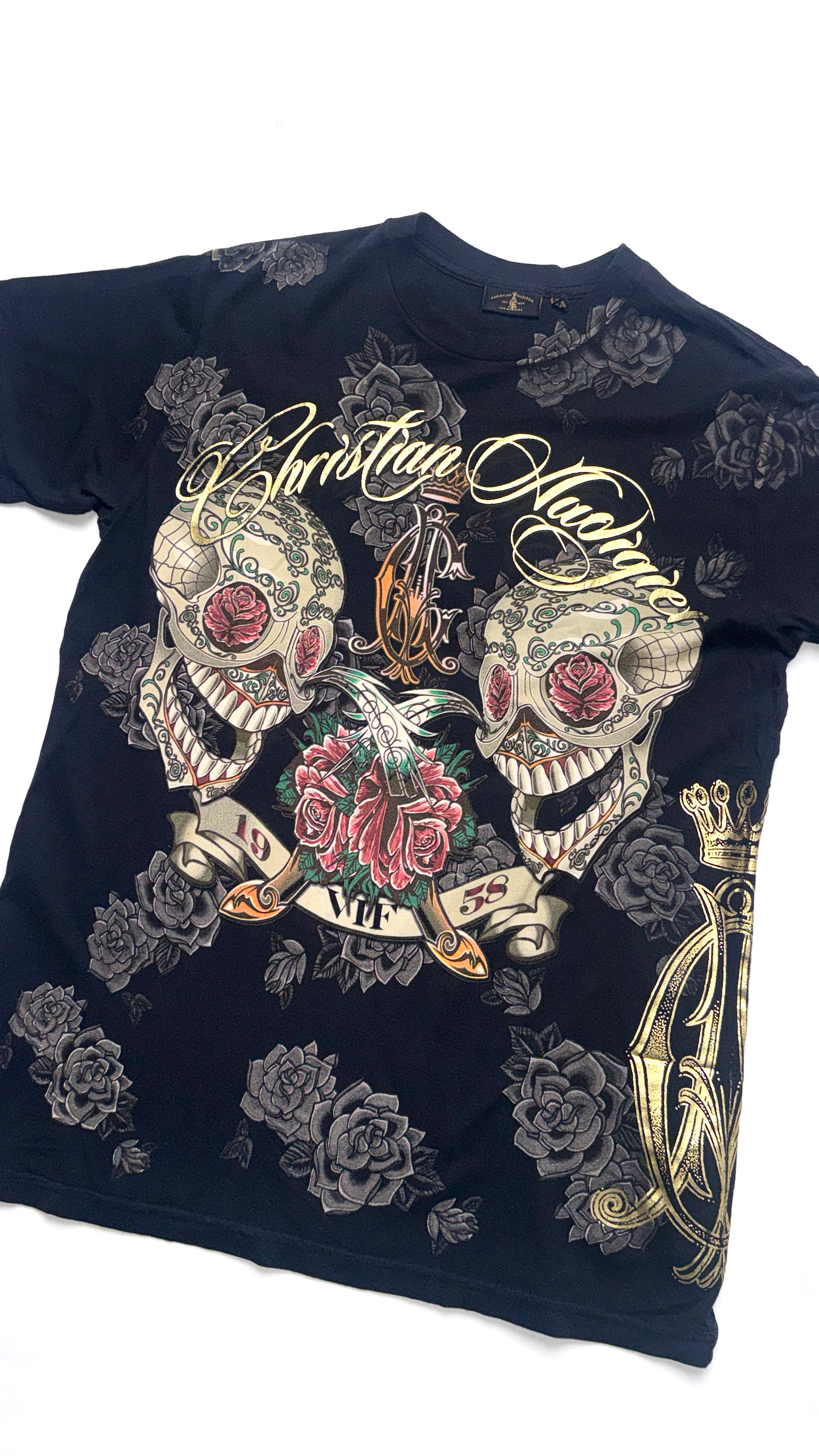 Y2K Christian Audigier Black All Over Print T shirt