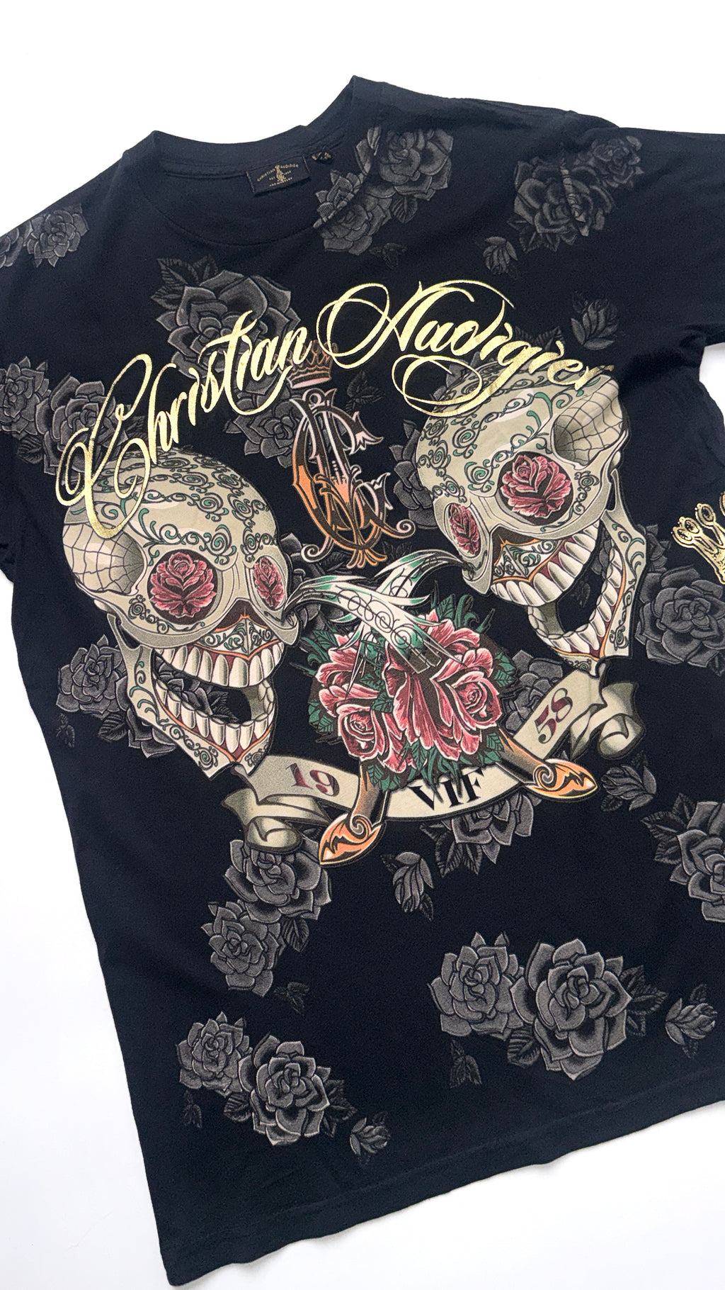 Y2K Christian Audigier Black All Over Print T shirt